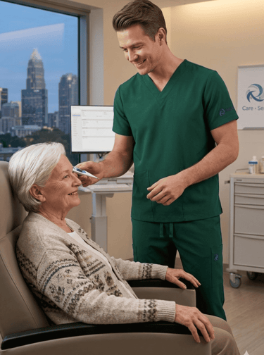 Enfermero con uniforme médico verde tomando la temperatura a una mujer mayor con un termómetro