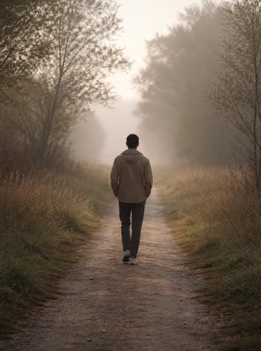 A man walks alone down a peaceful, foggy forest path during a misty morning hike.