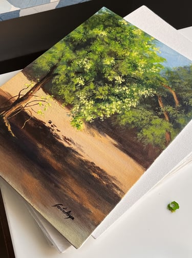 Sunlight filters through foliage creating dappled shadows on a path. Shade-An Invitation, original painting by Geeta Arya.