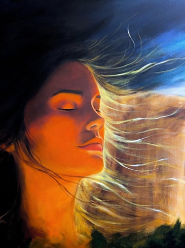 Becoming close up of woman with lit hair and eyes closed original painting by Geeta Arya