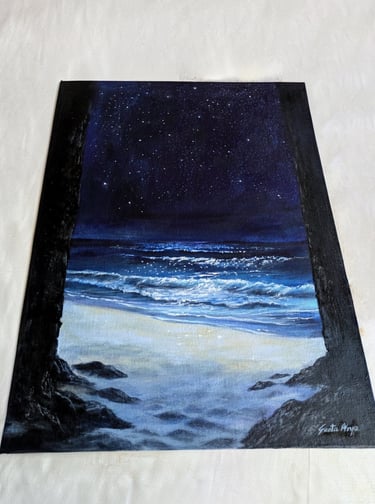 Wide expanse of night sky, sea, and white sand seen from a dark threshold. Original painting by Geeta Arya.