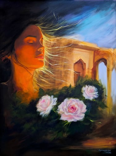 Woman with eyes closed, roses and palace, worlds emerging and dissolving in inner stillness, Becoming painting by Geeta Arya