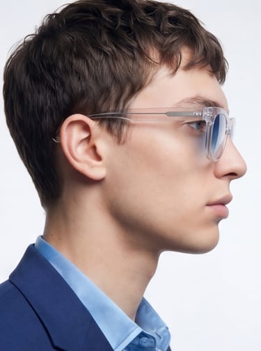 Profile of a man wearing clear frame sunglasses with blue tinted lenses.