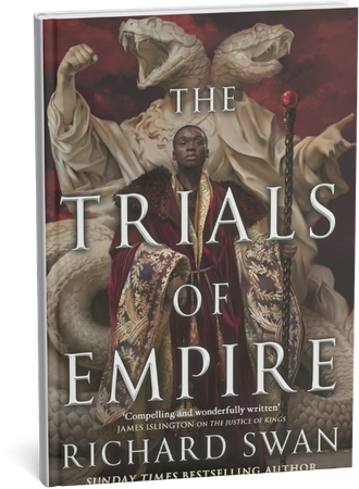 The Trials of Empire fantasy novel cover by Richard Swan featuring a man in royal robes before a two-headed snake statue.