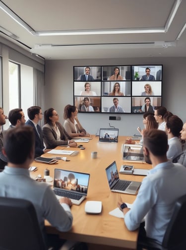 Board room meeting using video conferencing tech