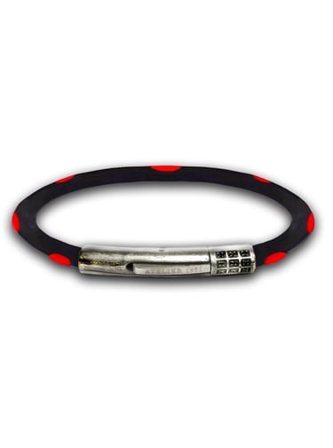 black bracelet with red polka dots