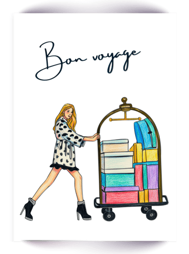 Fashionable woman pushing a gold luggage cart with colorful suitcases and Bon Voyage text.