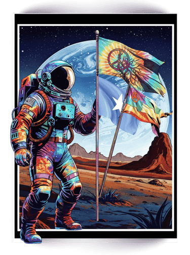 Trippy colorful astronaut art on the moon holding tie-dye peace flags with Earth in space.