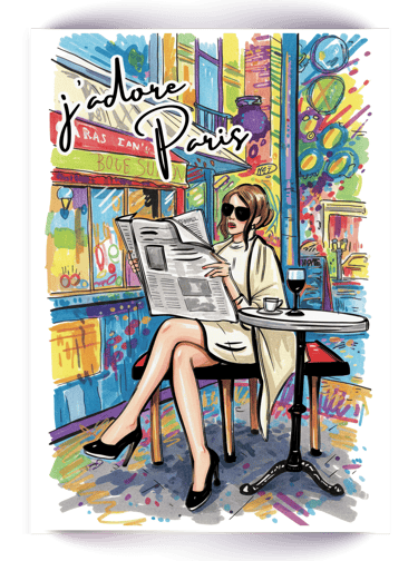 Fashion illustration of a woman reading a newspaper at a Parisian sidewalk cafe with J'adore Paris text.