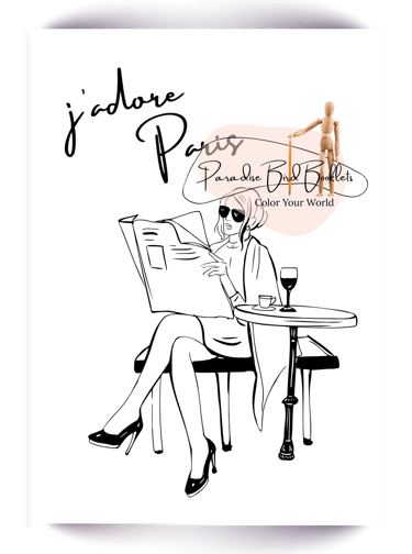 Coloring page of a female reading a newsletter in Paris 