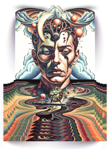 Surrealist portrait with melting clocks and psychedelic patterns in a colorful dreamlike art style.