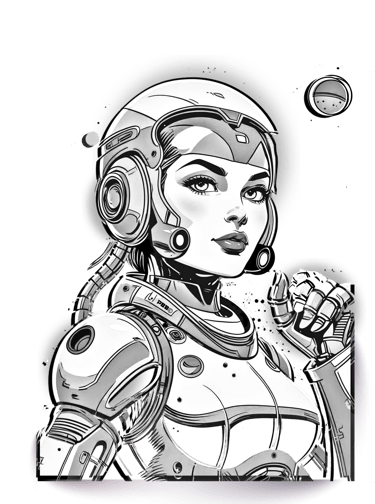 Comic book style coloring page of a female astronaut