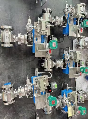 Industrial pneumatic ball valves with actuators and control accessories for fluid flow systems.