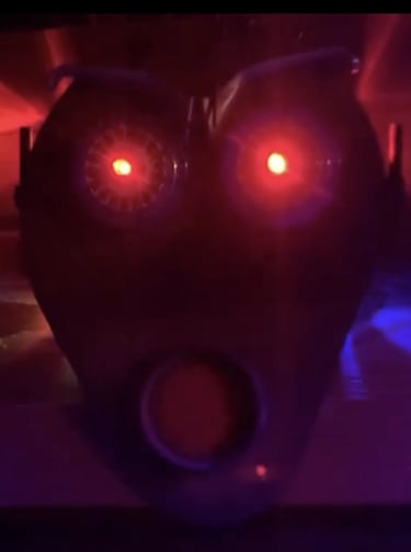 Talbotics mask lit up in upstate New York home.