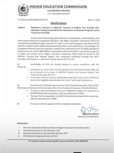 HEC notification for mandatory GRE HAT test.