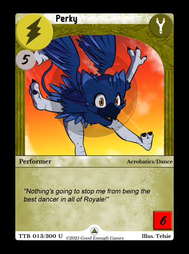 the Perky Agility card featuring a blue gryphon soaring in front of a sunset with yellow frame