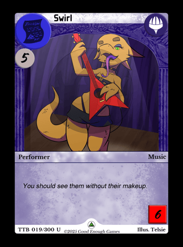 the Swirl Will card featuring a beige kobold playing a guitar and sticking out her tongue blue frame