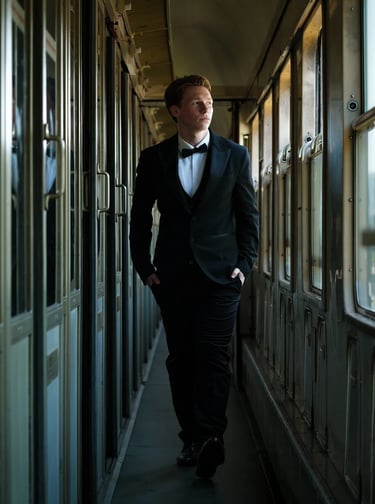 portret jongeman in smoking treincoupe