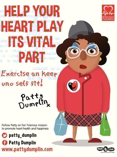 Patty Dumplin woman with glasses and a red jacket with a heart on it
