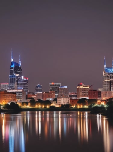 A vibrant night view of Nashville, Tennessee, showcasing illuminated buildings.