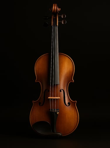 Violino clássico em madeira sobre mesa escura com iluminação quente e suave