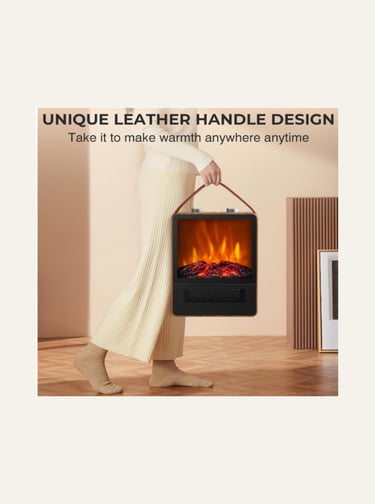 picture of woman carrying a portable fireplace in a cozy room.