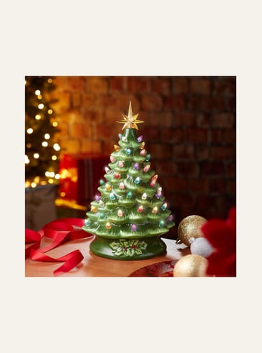 Casafield Hand Painted Ceramic Christmas Tree, Green 15-Inch Pre-Lit Tree 