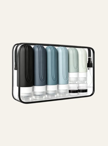Reusable silicone travel bottles and containers in a clear TSA-approved toiletry bag.