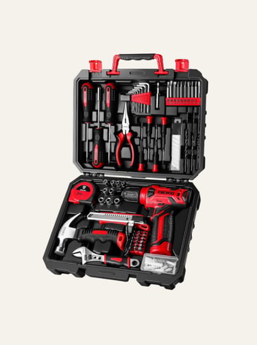 A red and black DEKO power tool kit and hand tool set organized in a durable black carrying case.
