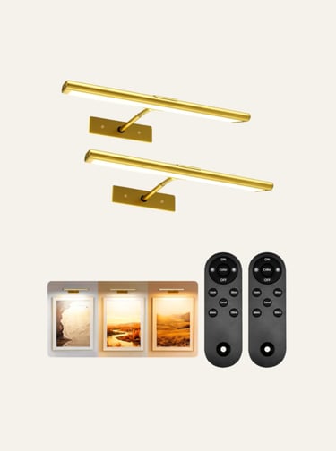 Dimmable gold picture light with remote control and adjustable color temperatures for wall art display.
