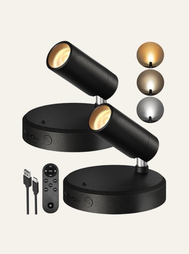 Adjustable black LED spotlight with remote control, USB charging cable, and three adjustable color temperatures.