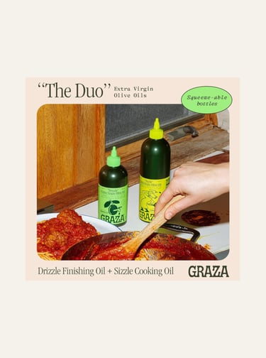 two bottle of Graza Extra Virgin Olive Oil , Sizzle & Drizzle