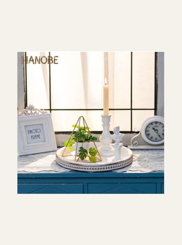 Hanobe Decorative White Washed Bead Round Serving Tray Wood