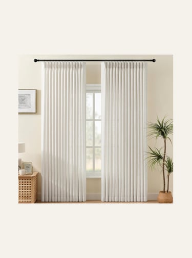 Elegant white pleated curtains on a black rod in a modern minimalist living room with a houseplant.