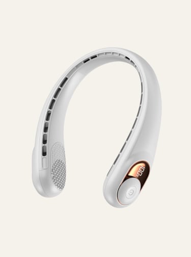 Portable white neck fan with digital battery display and bladeless cooling design for personal travel.