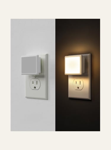 A side-by-side comparison of a square LED plug-in night light in daylight and glowing in the dark.
