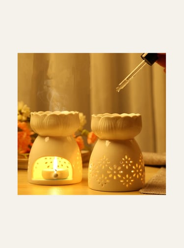 Lyellfe 2 Ceramic Tealight Candle Holders, Essential Oil Burner with Spoon, White 