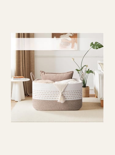 OIASKET Large Blanket Basket for Living Room, 75L Beige White