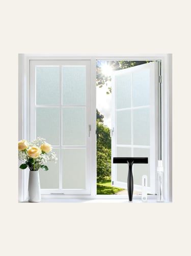 Frosted privacy window film applied to a white casement window with squeegee installation tools.