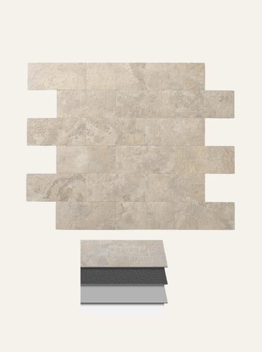 Beige textured stone backsplash tiles in a staggered layout for modern kitchen wall decor.