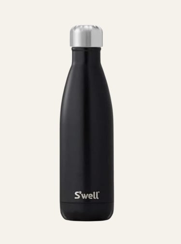 A black S'well vacuum-insulated stainless steel water bottle with a silver screw-top cap.