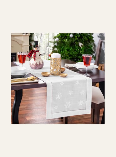 Snowflake Embroidered White Christmas Table Runner 