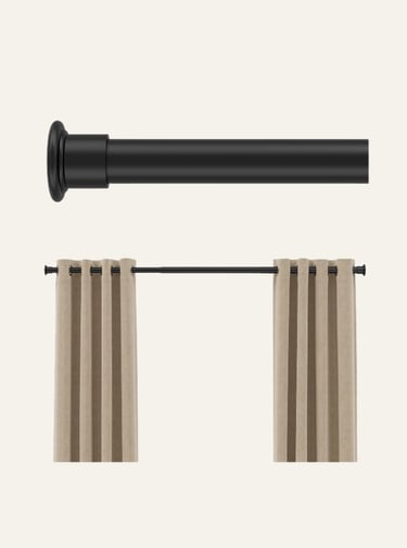 Matte black adjustable tension curtain rod with beige grommet drapes for window treatment.