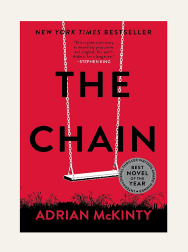 book cover with picture of swing on red background of The Chain novel
