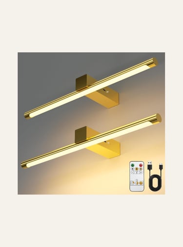 Modern gold picture light with remote control and USB charging cable for wireless wall lighting.