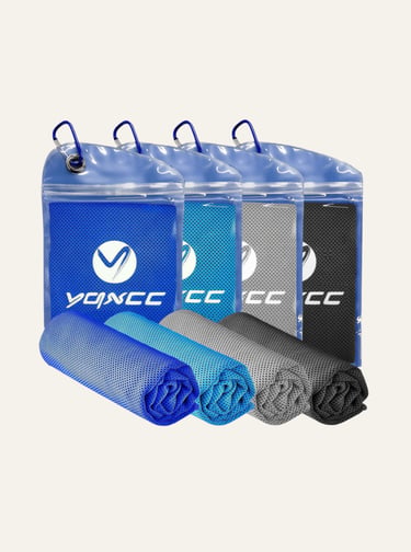Four microfiber cooling towels in blue, light blue, grey, and black with matching carrying pouches.