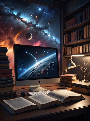 Books and a monitor on a desk with mystic celestial background
