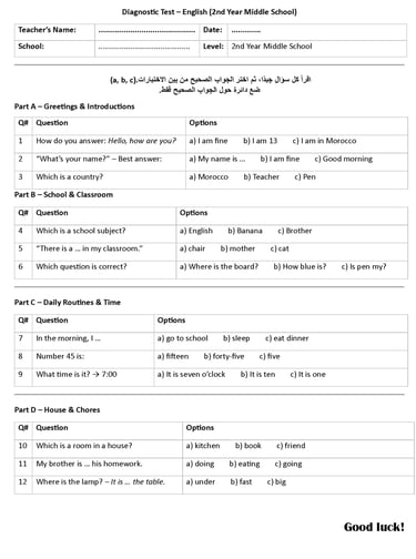 Diagnostic test for 2nd year Middle school - Moroccan English teachers