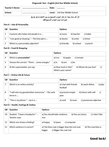 3rd year Middle school Diagnostic test - Moroccan English teachers