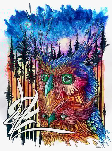 une aquarelle avec une chouette rouge